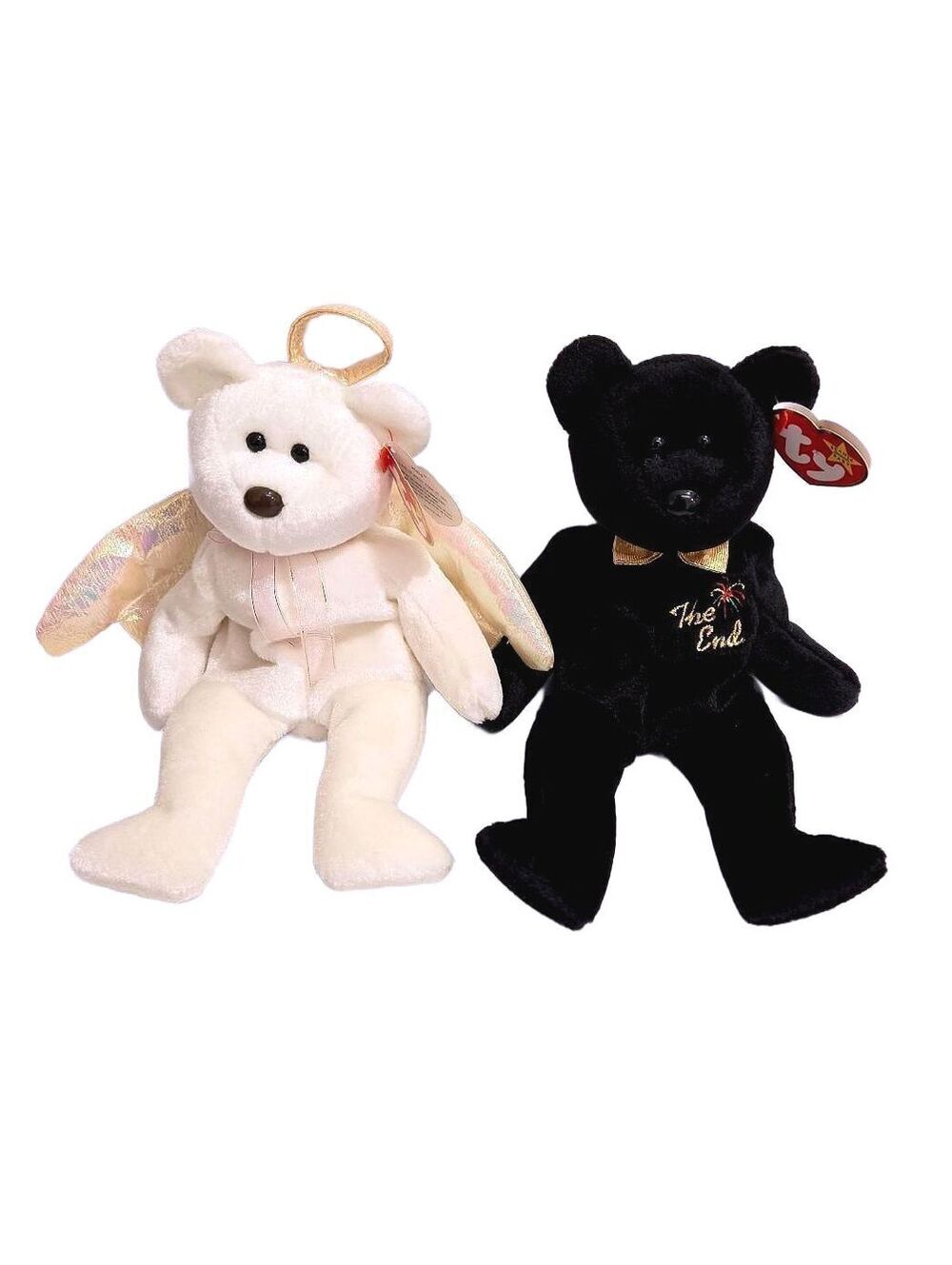Vintage Ty Beanie Baby Halo Angel Bear 1998 & The End Black Bear 1999 Lot W/ Tag